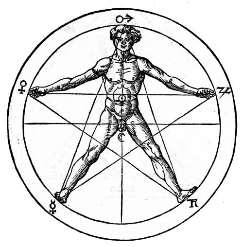 Pentagram and human body Agrippa 500